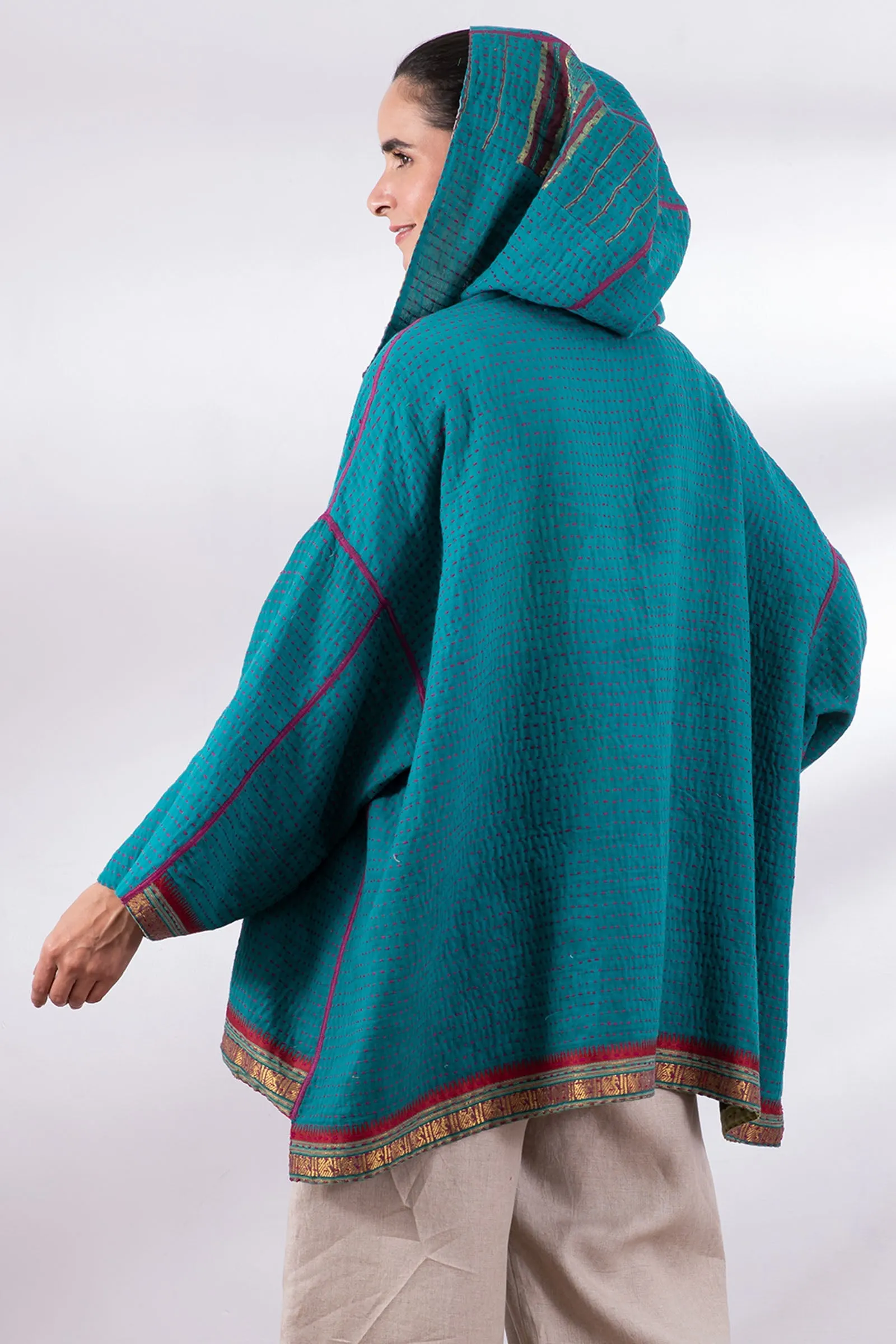 VINTAGE COTTON BBK KANTHA HOODIE PONCHO - bb2064-0001a -