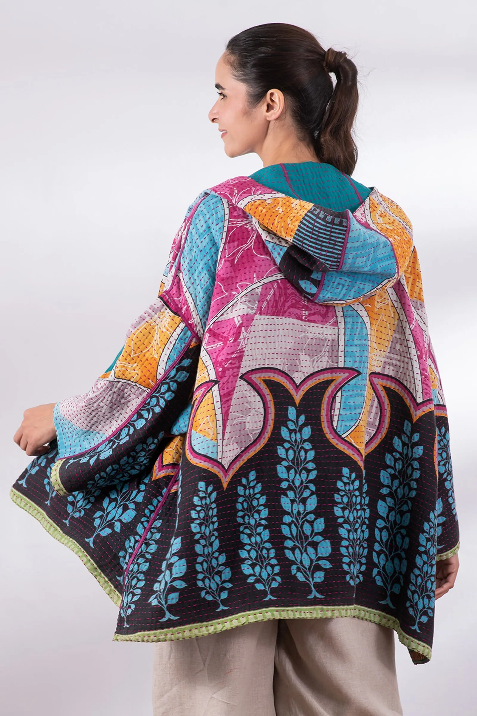 VINTAGE COTTON BBK KANTHA HOODIE PONCHO - bb2064-0001a -