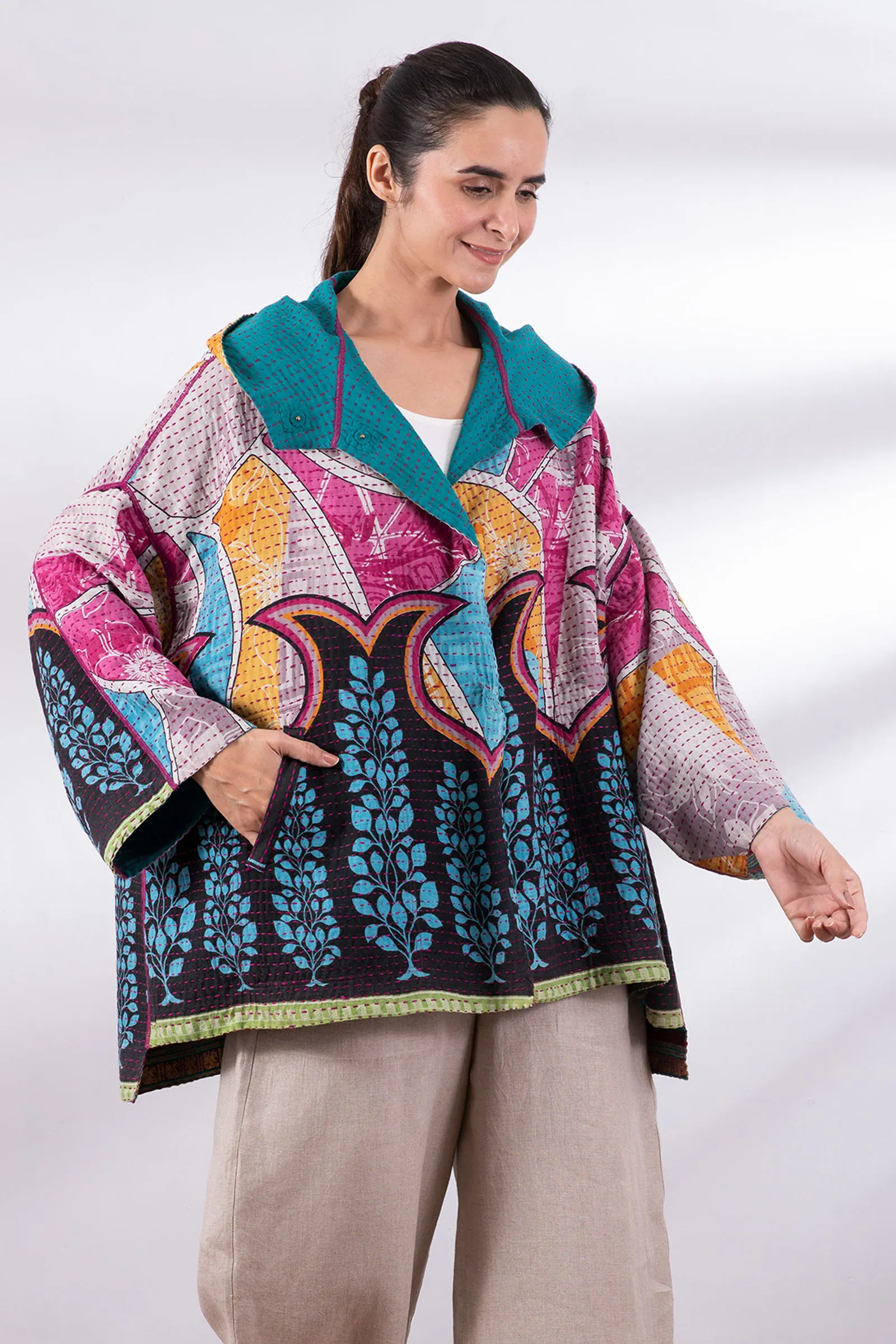 VINTAGE COTTON BBK KANTHA HOODIE PONCHO - bb2064-0001a -