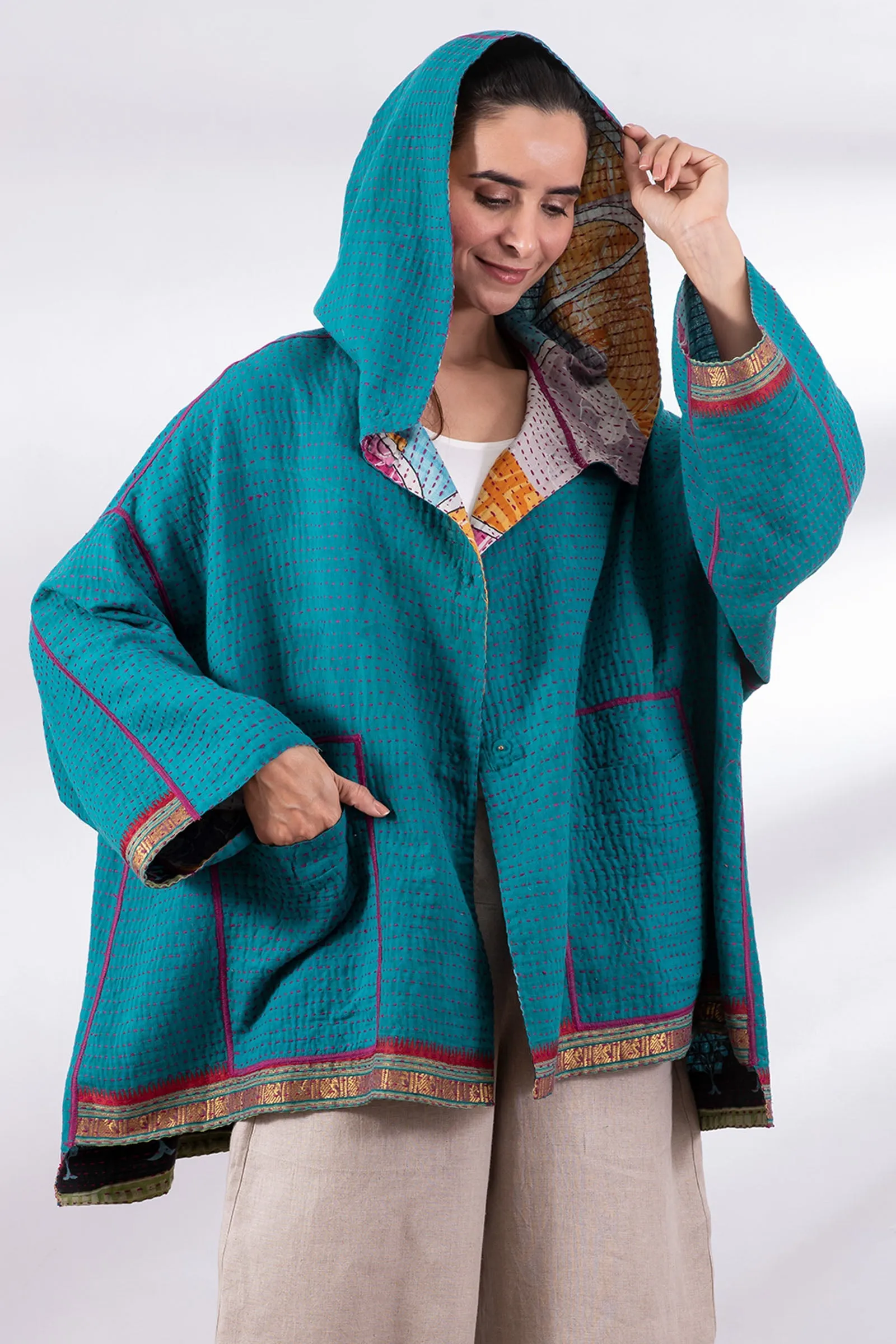 VINTAGE COTTON BBK KANTHA HOODIE PONCHO - bb2064-0001a -