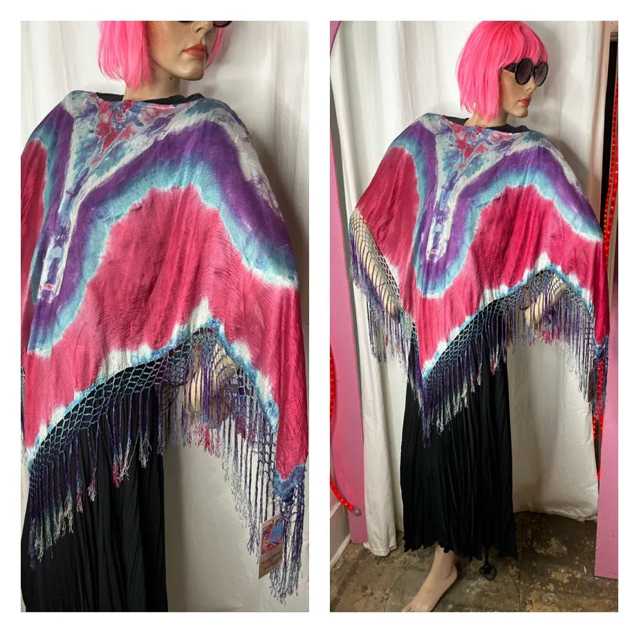 Vintage | Hippie Woodstock Bohemian Silk Fringe Poncho Capelet Cape Shawl