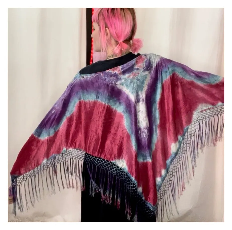 Vintage | Hippie Woodstock Bohemian Silk Fringe Poncho Capelet Cape Shawl