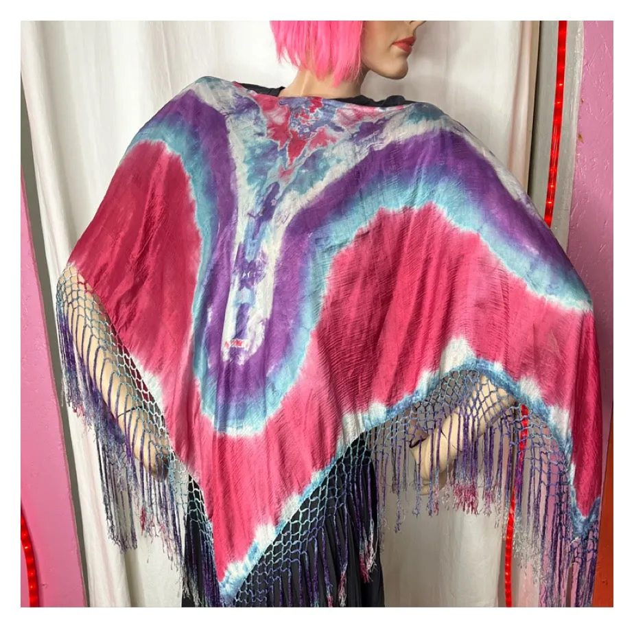 Vintage | Hippie Woodstock Bohemian Silk Fringe Poncho Capelet Cape Shawl