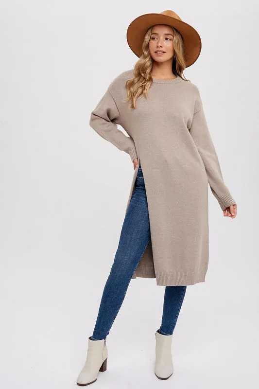 Waitlist 11/27 ♥ Liz Long Sleeve High Slit Long Pullover Sweater Top Taupe