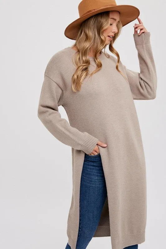 Waitlist 11/27 ♥ Liz Long Sleeve High Slit Long Pullover Sweater Top Taupe