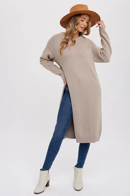 Waitlist 11/27 ♥ Liz Long Sleeve High Slit Long Pullover Sweater Top Taupe