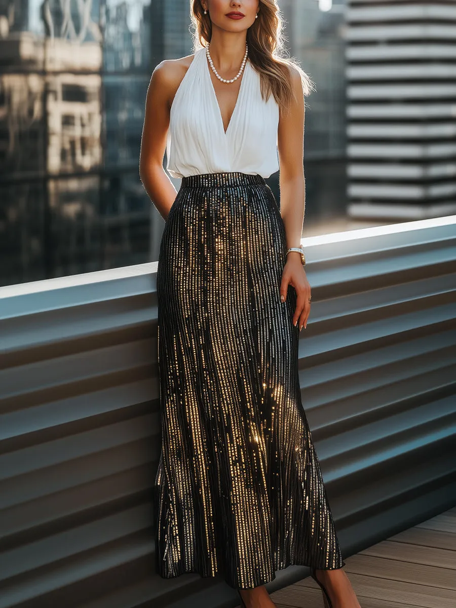 White Halter Blouse with Black and Gold Sequin Maxi Skirt