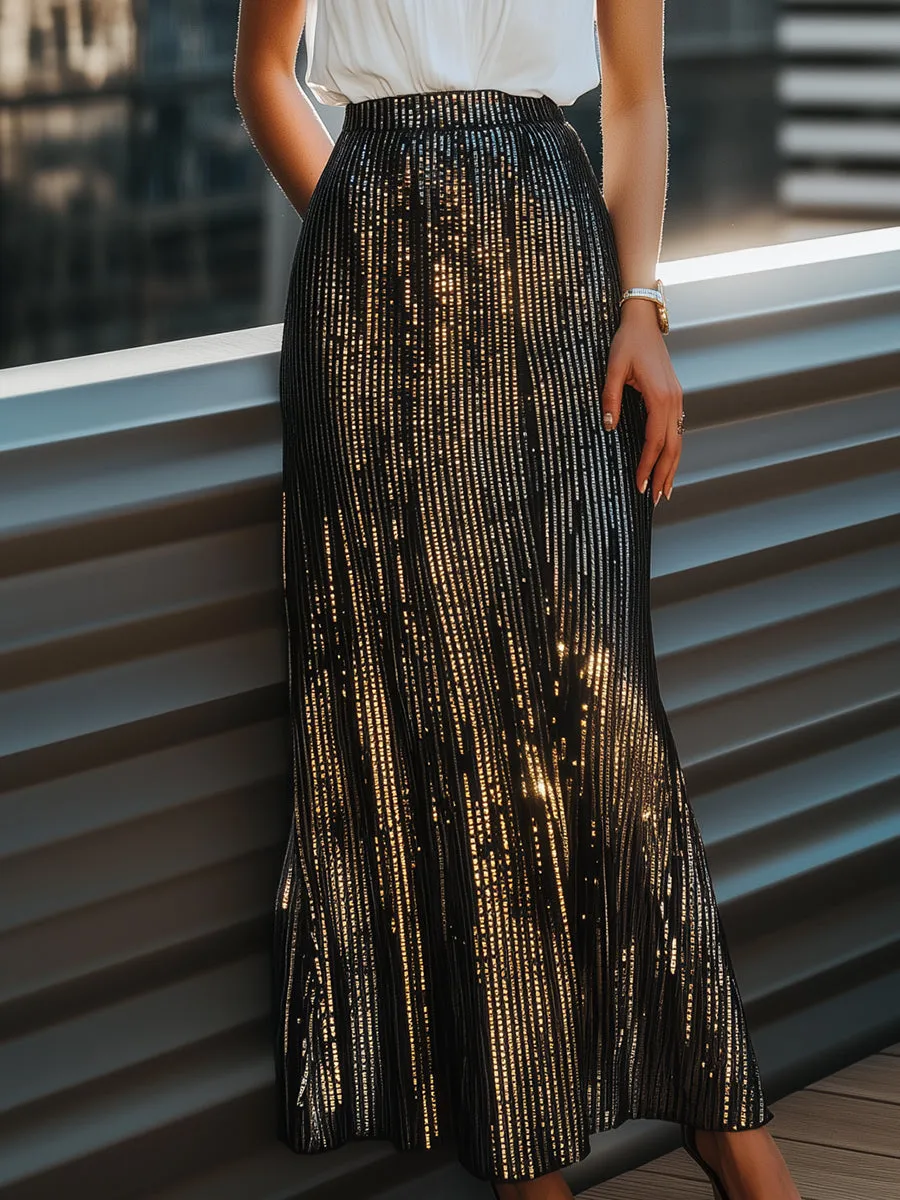 White Halter Blouse with Black and Gold Sequin Maxi Skirt