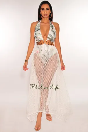 White Tropical Palm Print Halter O-Ring Net Maxi Dress