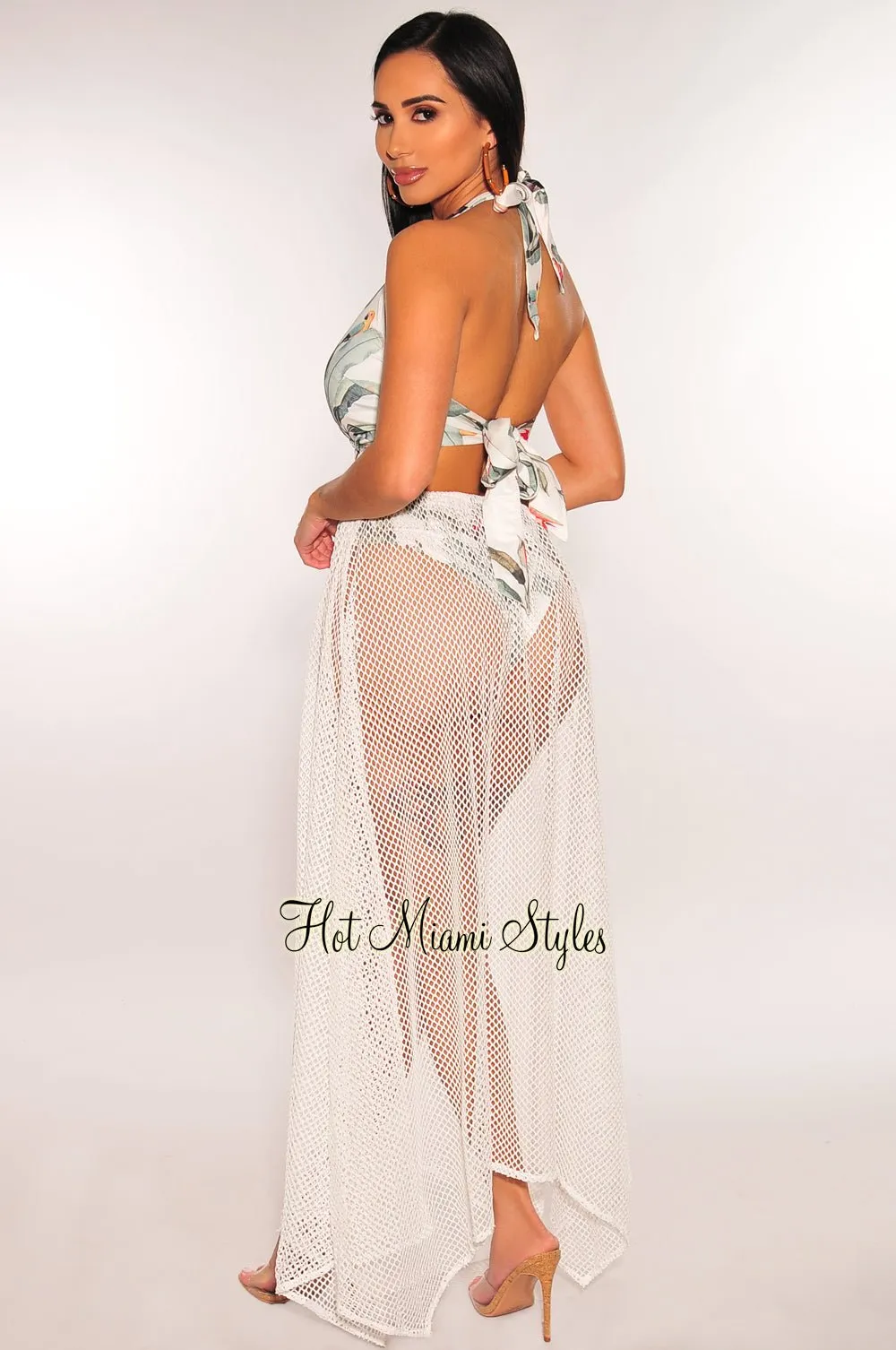 White Tropical Palm Print Halter O-Ring Net Maxi Dress