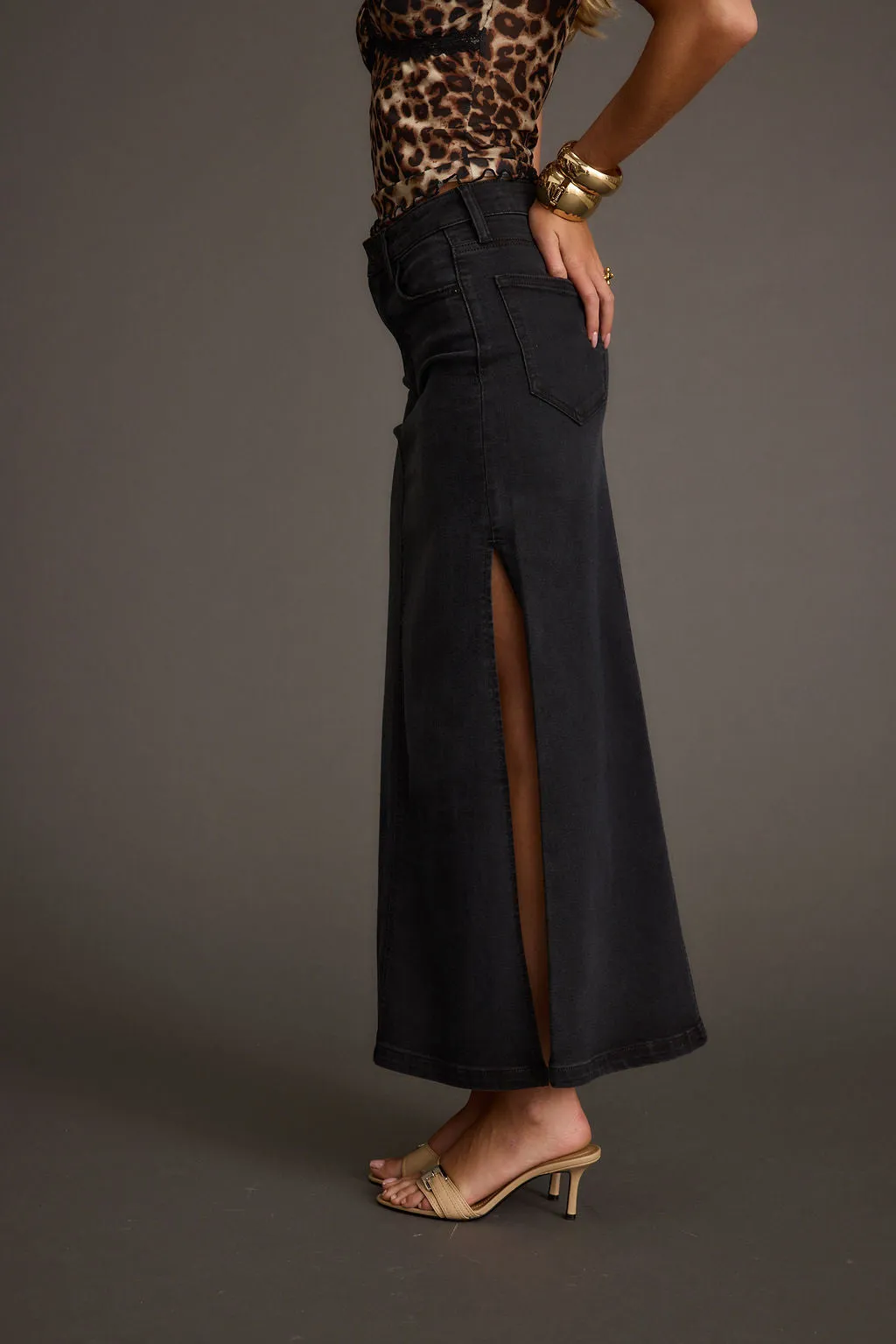 Wilder Black Stretch Denim Maxi Skirt