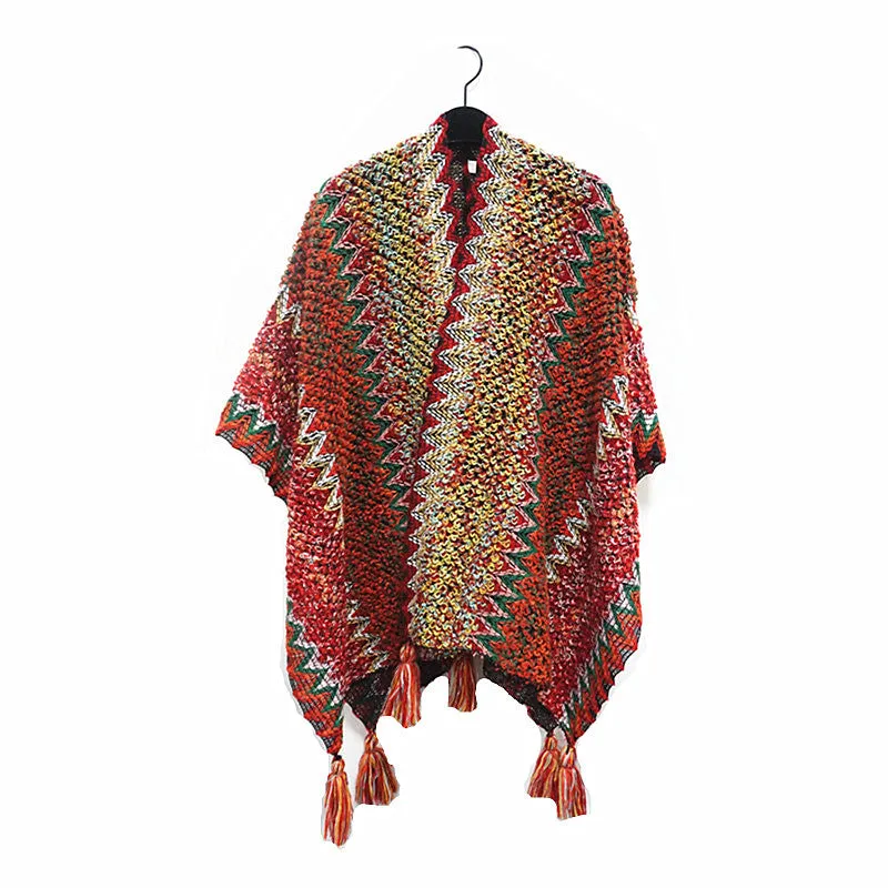 Winter Knitted Open Poncho Colourful with Tassel