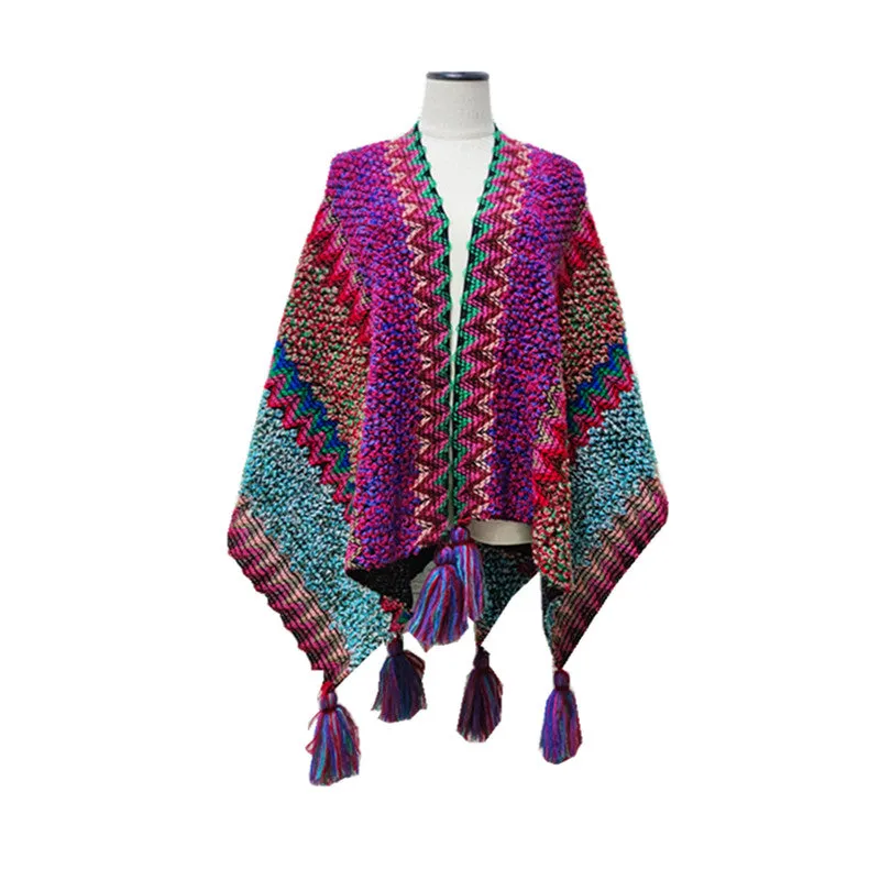 Winter Knitted Open Poncho Colourful with Tassel