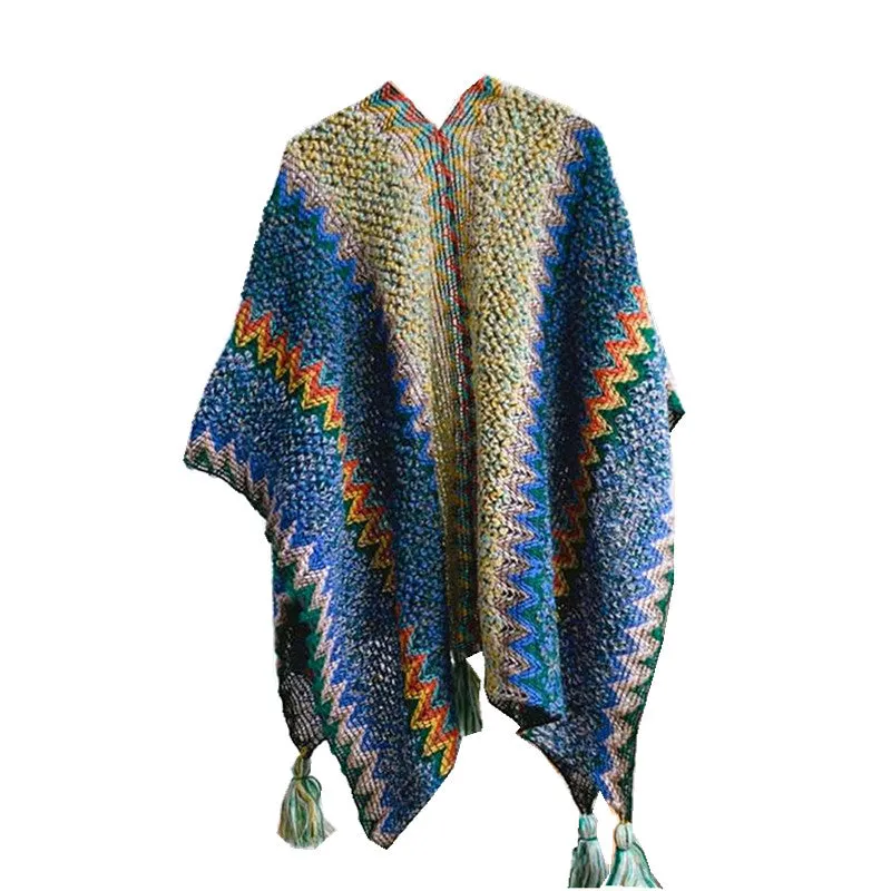 Winter Knitted Open Poncho Colourful with Tassel