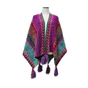 Winter Knitted Open Poncho Colourful with Tassel