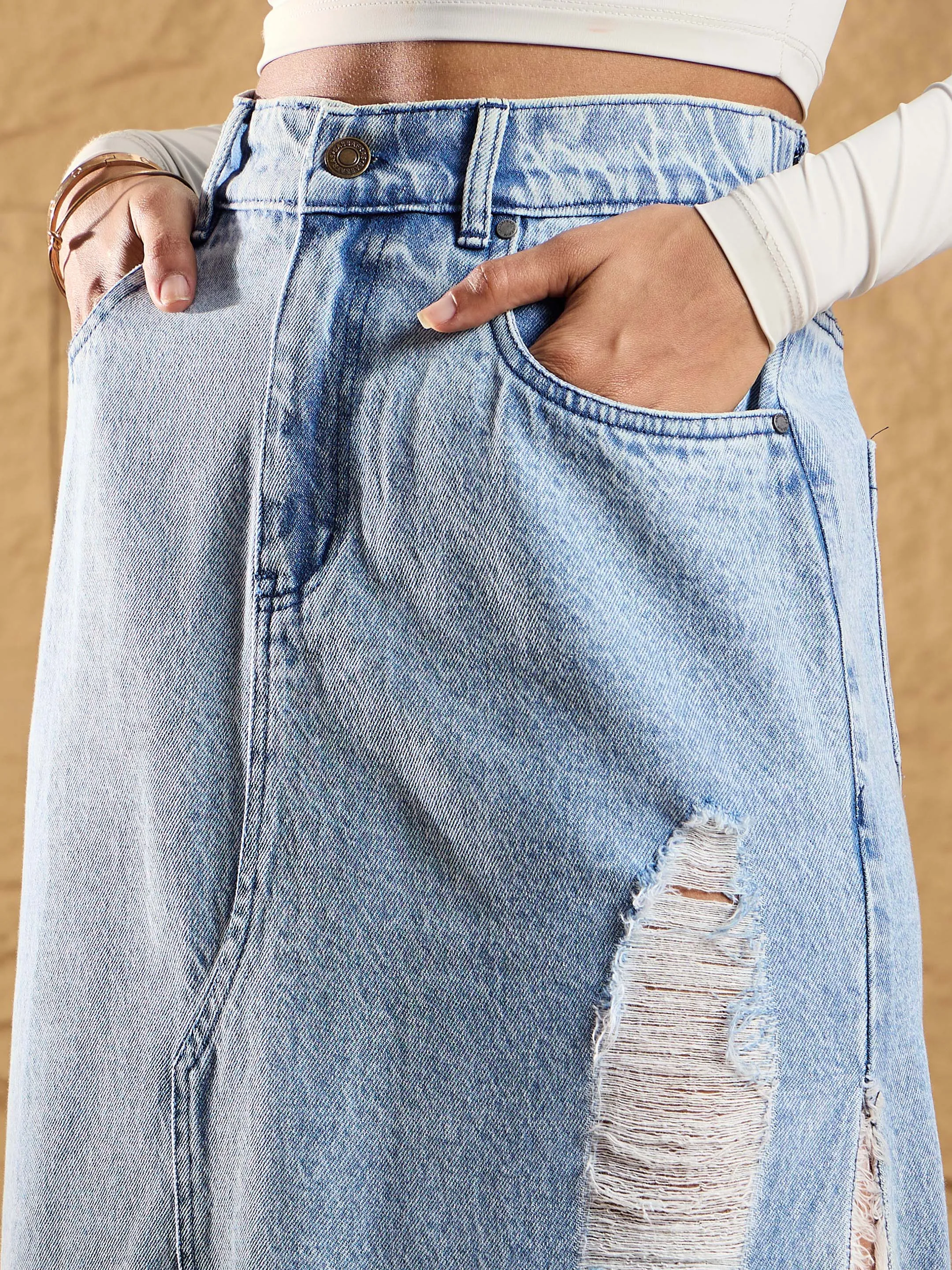 Women Ice Blue Distressed Side Slit Maxi Skirt