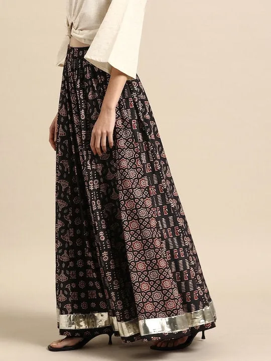 Women Printed A-Line Flared Cotton Maxi Skirt | Lehenga