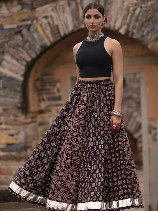 Women Printed A-Line Flared Cotton Maxi Skirt | Lehenga