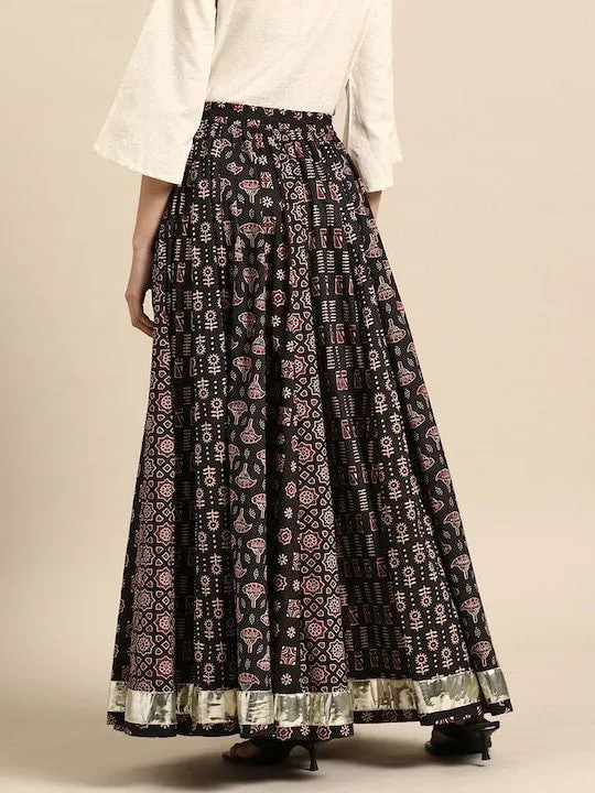 Women Printed A-Line Flared Cotton Maxi Skirt | Lehenga