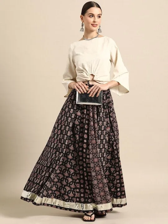 Women Printed A-Line Flared Cotton Maxi Skirt | Lehenga