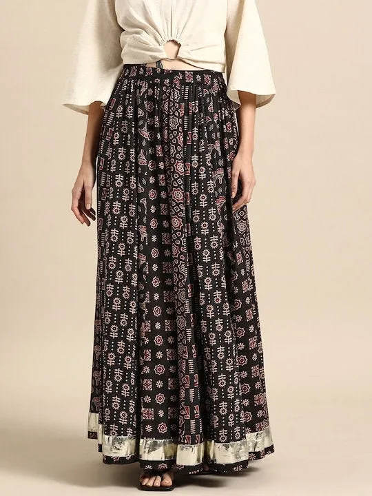 Women Printed A-Line Flared Cotton Maxi Skirt | Lehenga