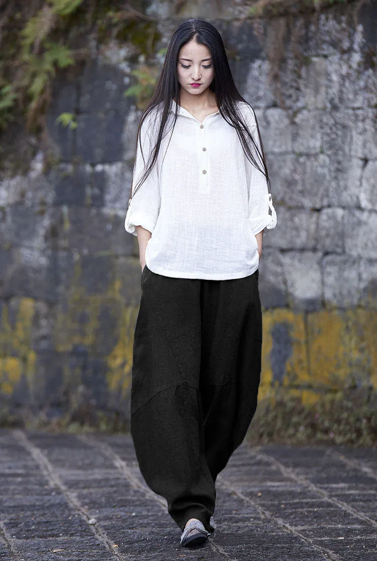 Women's large size loose cusual linen pants for outside J095