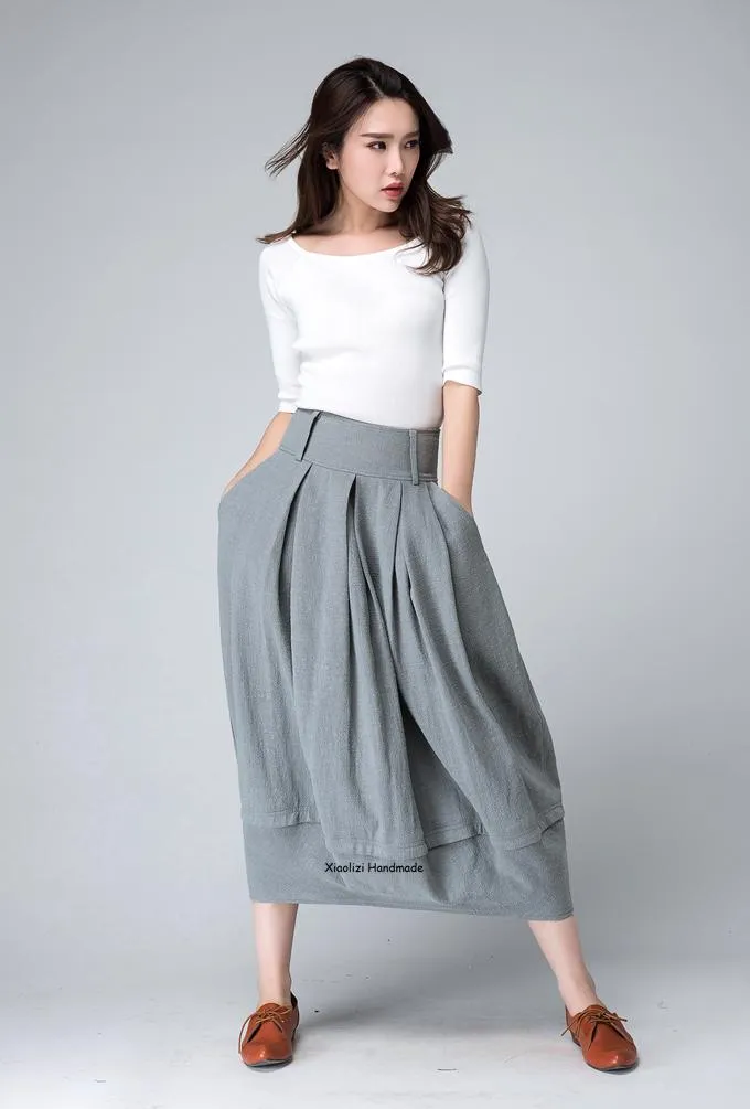 Women's pleated bubble linen skirt in Grey 1503#