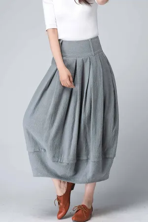 Women's pleated bubble linen skirt in Grey 1503#