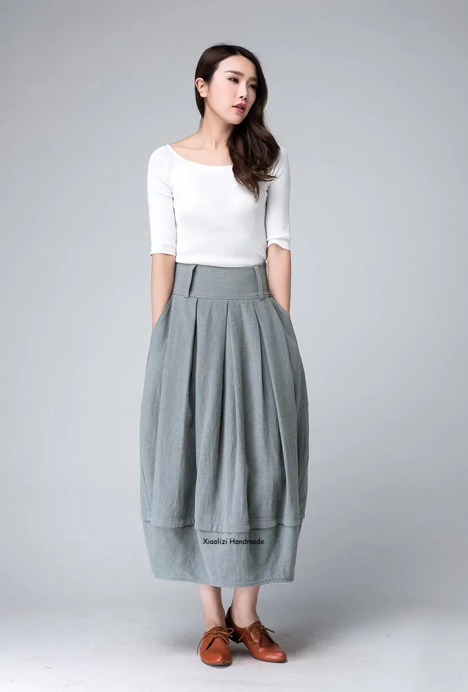 Women's pleated bubble linen skirt in Grey 1503#