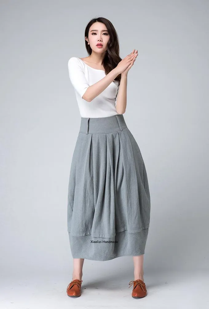 Women's pleated bubble linen skirt in Grey 1503#