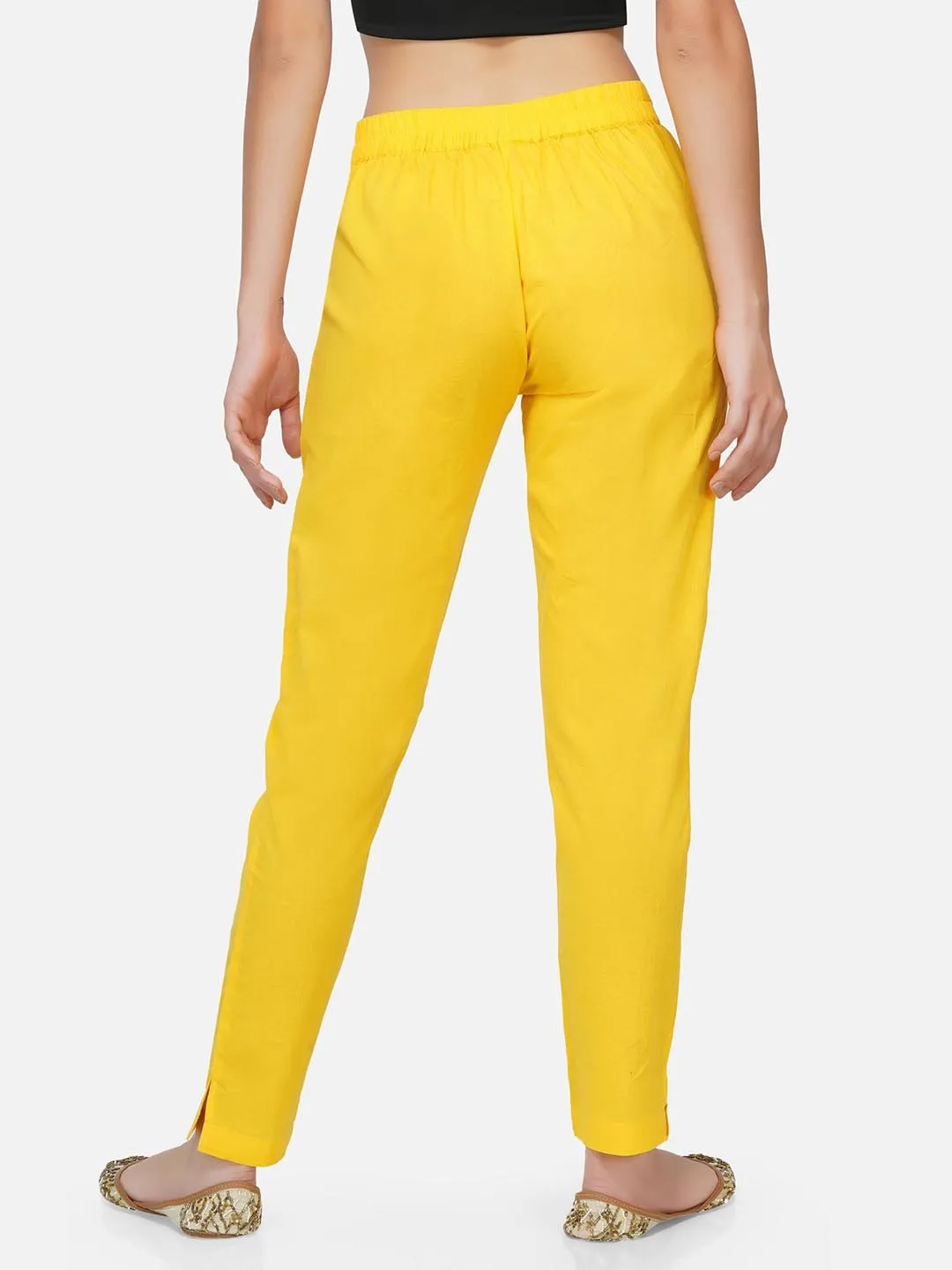 Yellow Cotton Solid Tapered Pants Only