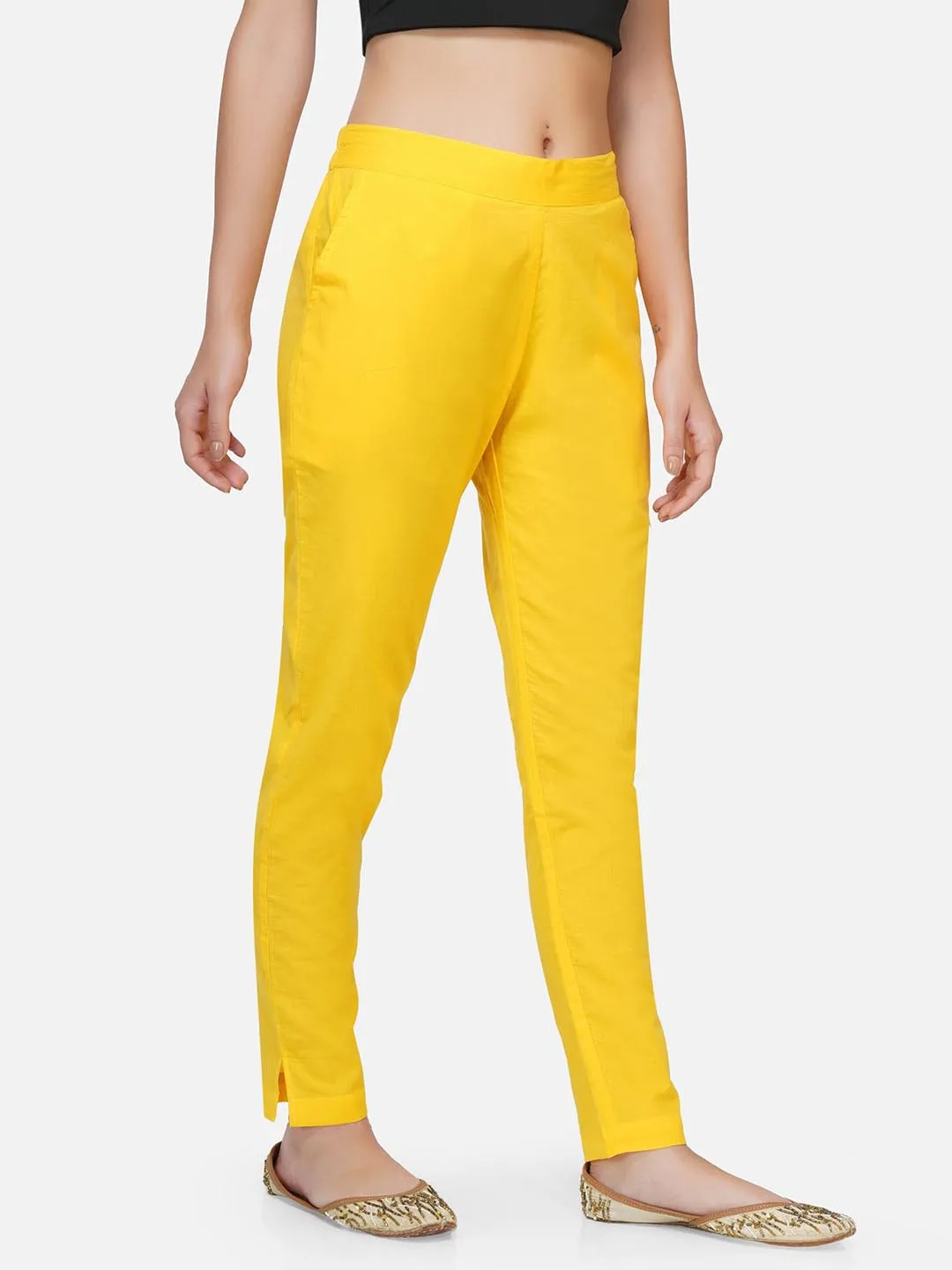 Yellow Cotton Solid Tapered Pants Only