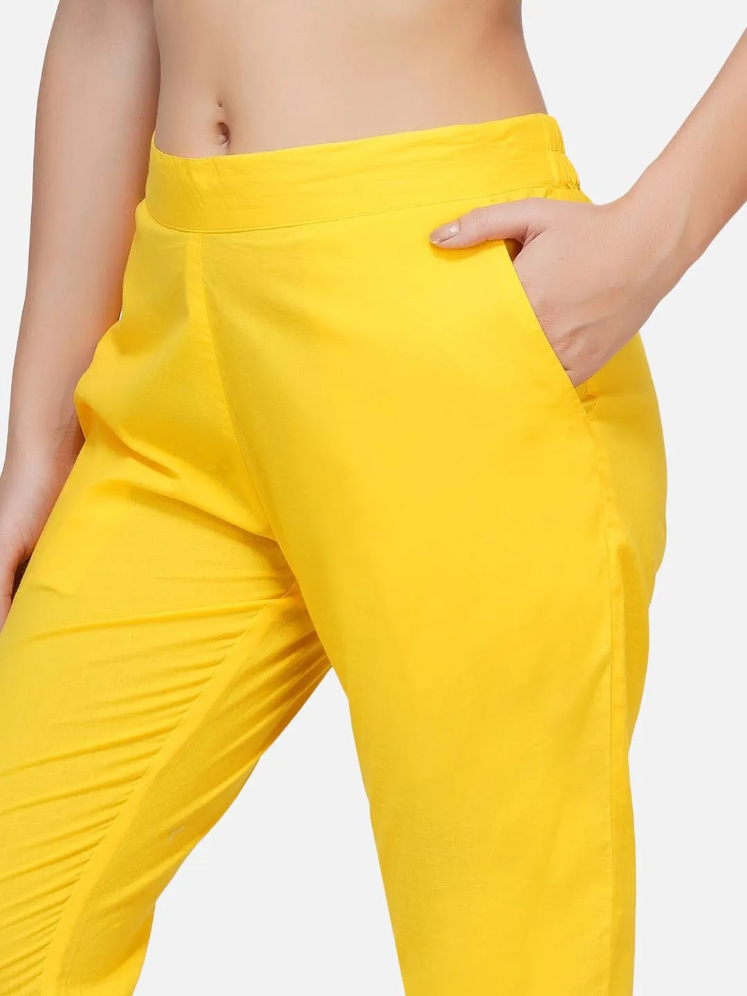 Yellow Cotton Solid Tapered Pants Only