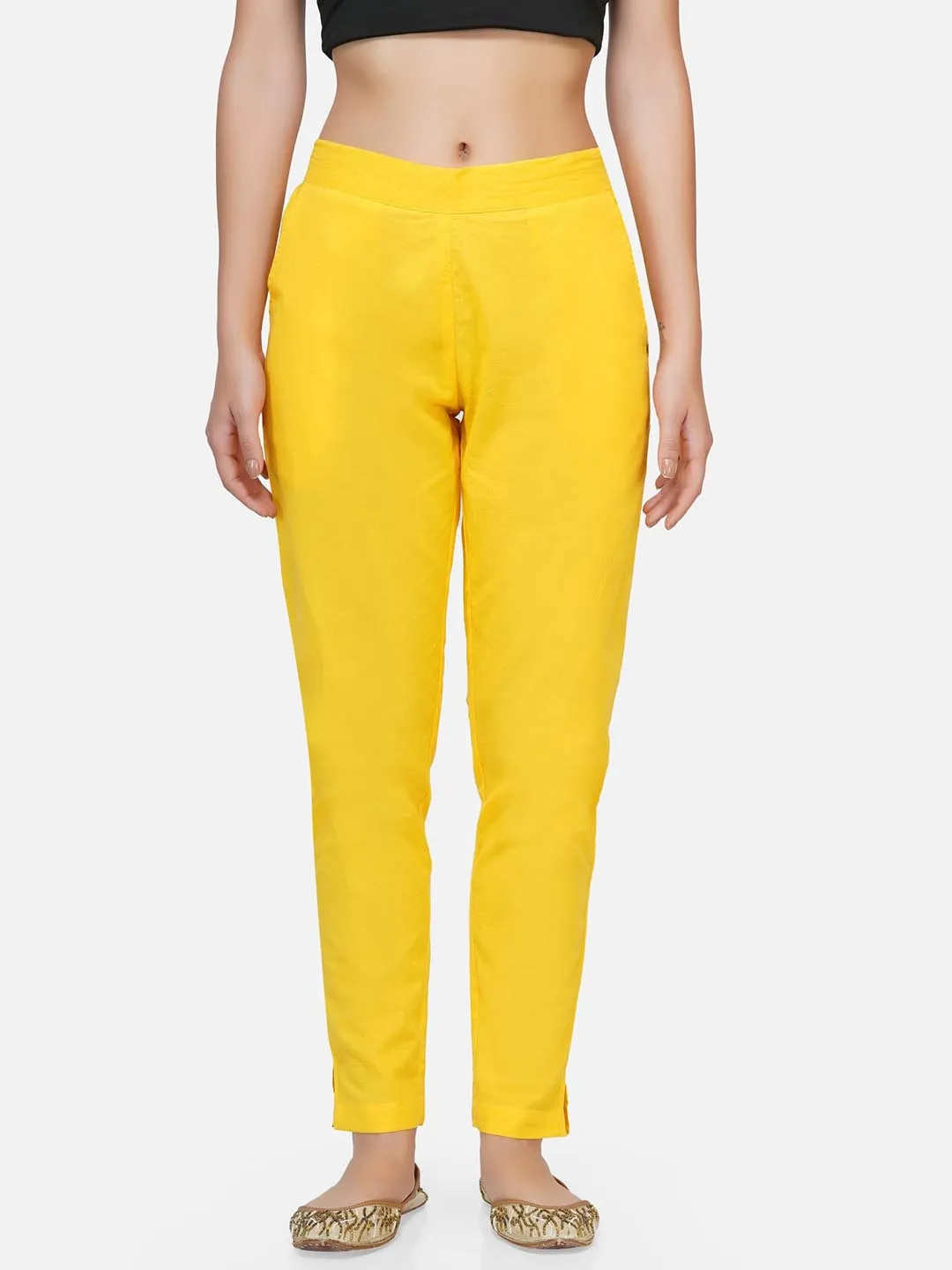 Yellow Cotton Solid Tapered Pants Only