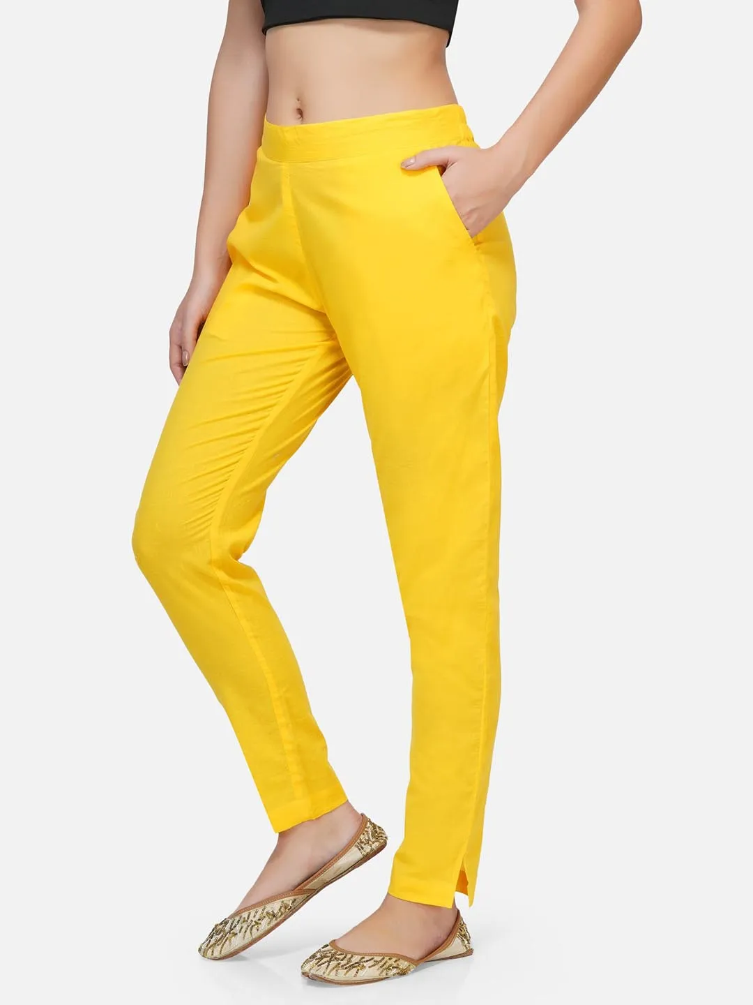 Yellow Cotton Solid Tapered Pants Only